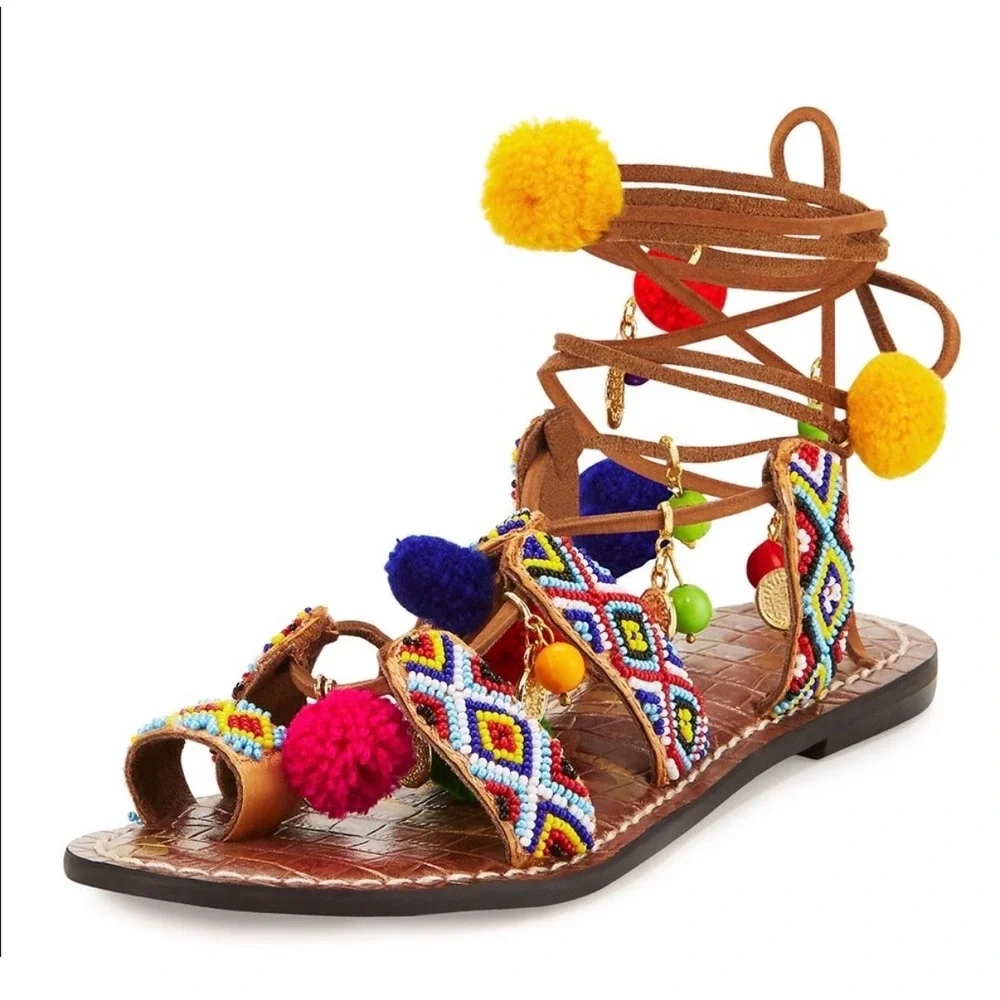 Sam‎ Edelman Lisabeth 9 Lace Up Beaded PomPom Colorful Summer Spring Sandals